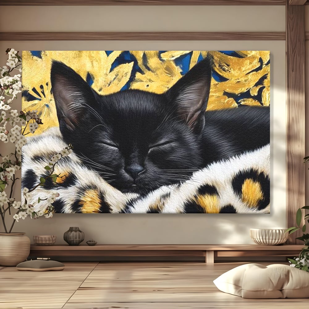 Tablou Canvas Premium, LuxCanva® M1199, Somnul Regal, Auriu, Imprimeu, Leopard, Pisica, Negru, Somn, Relaxare, Mustati, Felina, Elegant, Confort, Pufos, Birou, Living, Camera Copil