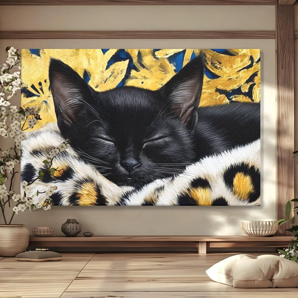 Tablou Canvas Premium, LuxCanva® M1199, Somnul Regal, Auriu, Imprimeu, Leopard, Pisica, Negru, Somn, Relaxare, Mustati, Felina, Elegant, Confort, Pufos, Birou, Living, Camera Copil