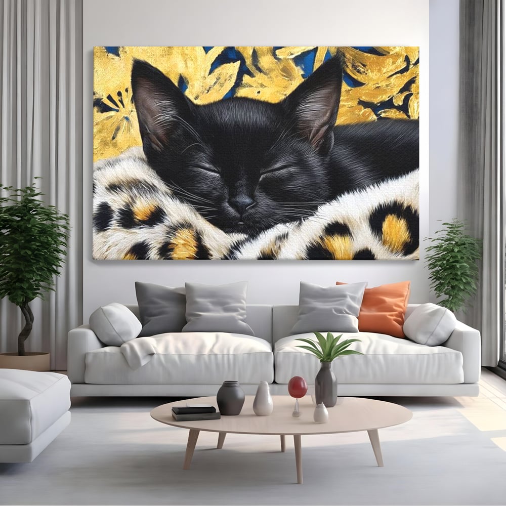 Tablou Canvas Premium, LuxCanva® M1199, Somnul Regal, Auriu, Imprimeu, Leopard, Pisica, Negru, Somn, Relaxare, Mustati, Felina, Elegant, Confort, Pufos, Birou, Living, Camera Copil
