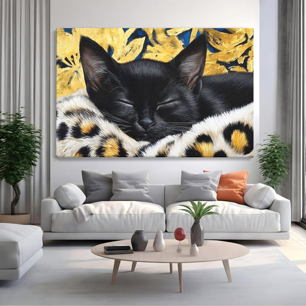 Tablou Canvas Premium, LuxCanva® M1199, Somnul Regal, Auriu, Imprimeu, Leopard, Pisica, Negru, Somn, Relaxare, Mustati, Felina, Elegant, Confort, Pufos, Birou, Living, Camera Copil