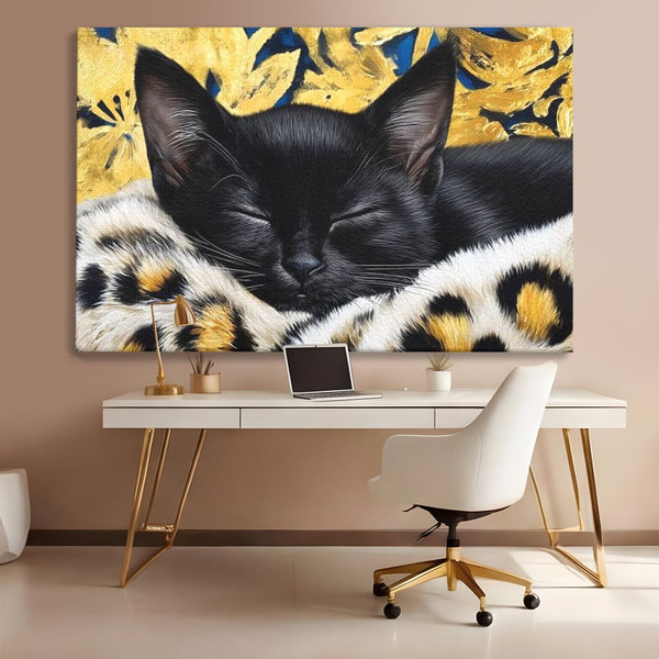 Tablou Canvas Premium, LuxCanva® M1199, Somnul Regal, Auriu, Imprimeu, Leopard, Pisica, Negru, Somn, Relaxare, Mustati, Felina, Elegant, Confort, Pufos, Birou, Living, Camera Copil