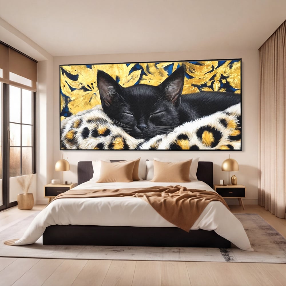 Tablou Canvas Premium, LuxCanva® M1199, Somnul Regal, Auriu, Imprimeu, Leopard, Pisica, Negru, Somn, Relaxare, Mustati, Felina, Elegant, Confort, Pufos, Birou, Living, Camera Copil