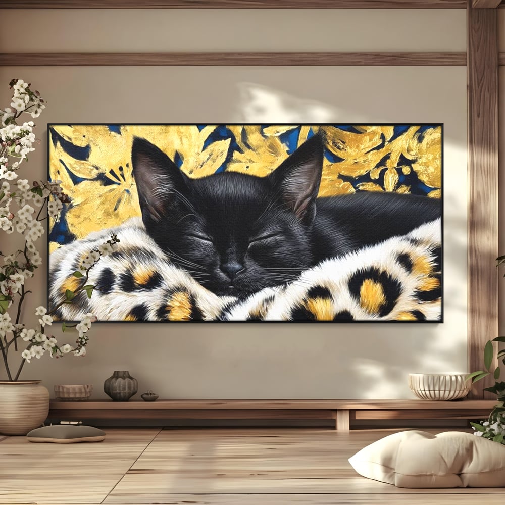 Tablou Canvas Premium, LuxCanva® M1199, Somnul Regal, Auriu, Imprimeu, Leopard, Pisica, Negru, Somn, Relaxare, Mustati, Felina, Elegant, Confort, Pufos, Birou, Living, Camera Copil