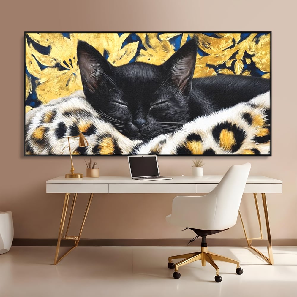 Tablou Canvas Premium, LuxCanva® M1199, Somnul Regal, Auriu, Imprimeu, Leopard, Pisica, Negru, Somn, Relaxare, Mustati, Felina, Elegant, Confort, Pufos, Birou, Living, Camera Copil