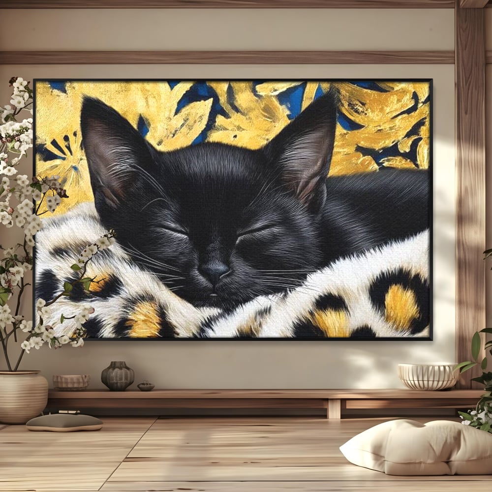 Tablou Canvas Premium, LuxCanva® M1199, Somnul Regal, Auriu, Imprimeu, Leopard, Pisica, Negru, Somn, Relaxare, Mustati, Felina, Elegant, Confort, Pufos, Birou, Living, Camera Copil