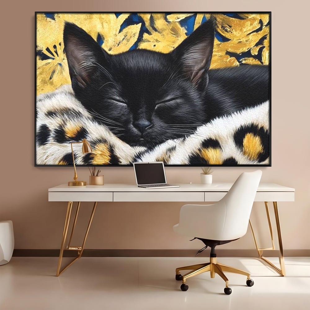 Tablou Canvas Premium, LuxCanva® M1199, Somnul Regal, Auriu, Imprimeu, Leopard, Pisica, Negru, Somn, Relaxare, Mustati, Felina, Elegant, Confort, Pufos, Birou, Living, Camera Copil