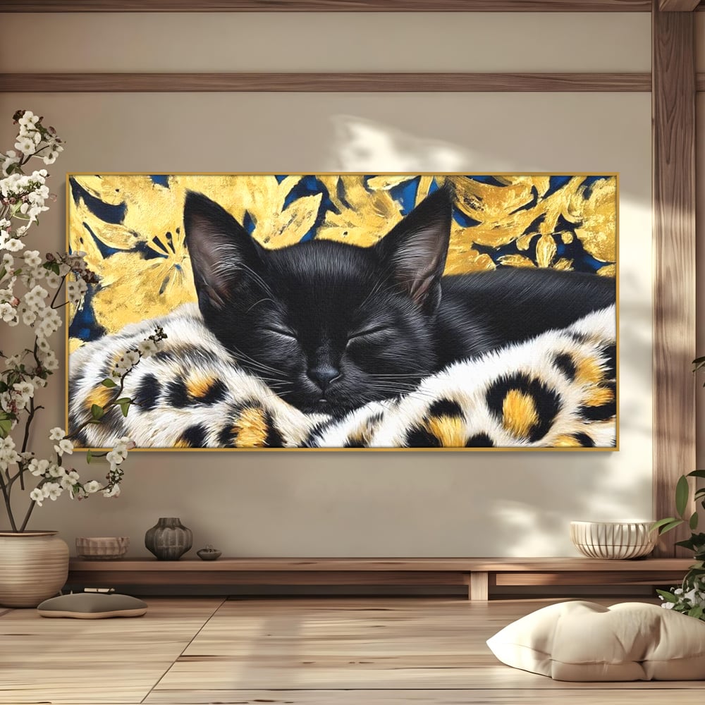 Tablou Canvas Premium, LuxCanva® M1199, Somnul Regal, Auriu, Imprimeu, Leopard, Pisica, Negru, Somn, Relaxare, Mustati, Felina, Elegant, Confort, Pufos, Birou, Living, Camera Copil