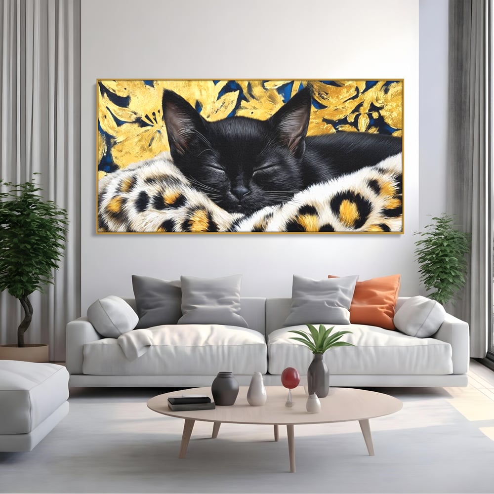 Tablou Canvas Premium, LuxCanva® M1199, Somnul Regal, Auriu, Imprimeu, Leopard, Pisica, Negru, Somn, Relaxare, Mustati, Felina, Elegant, Confort, Pufos, Birou, Living, Camera Copil