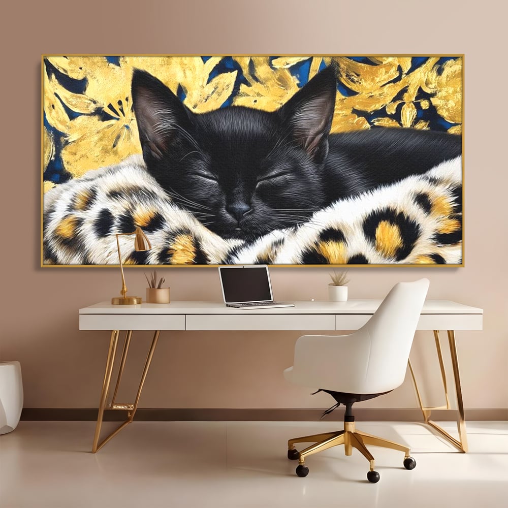 Tablou Canvas Premium, LuxCanva® M1199, Somnul Regal, Auriu, Imprimeu, Leopard, Pisica, Negru, Somn, Relaxare, Mustati, Felina, Elegant, Confort, Pufos, Birou, Living, Camera Copil