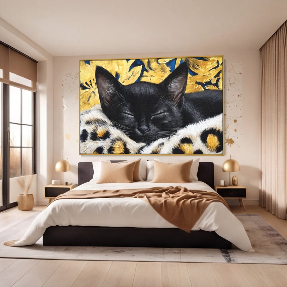 Tablou Canvas Premium, LuxCanva® M1199, Somnul Regal, Auriu, Imprimeu, Leopard, Pisica, Negru, Somn, Relaxare, Mustati, Felina, Elegant, Confort, Pufos, Birou, Living, Camera Copil