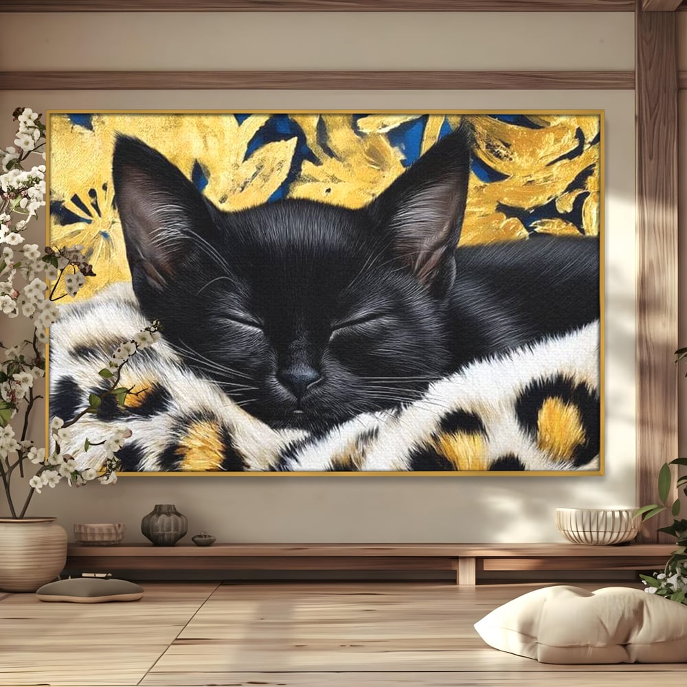 Tablou Canvas Premium, LuxCanva® M1199, Somnul Regal, Auriu, Imprimeu, Leopard, Pisica, Negru, Somn, Relaxare, Mustati, Felina, Elegant, Confort, Pufos, Birou, Living, Camera Copil