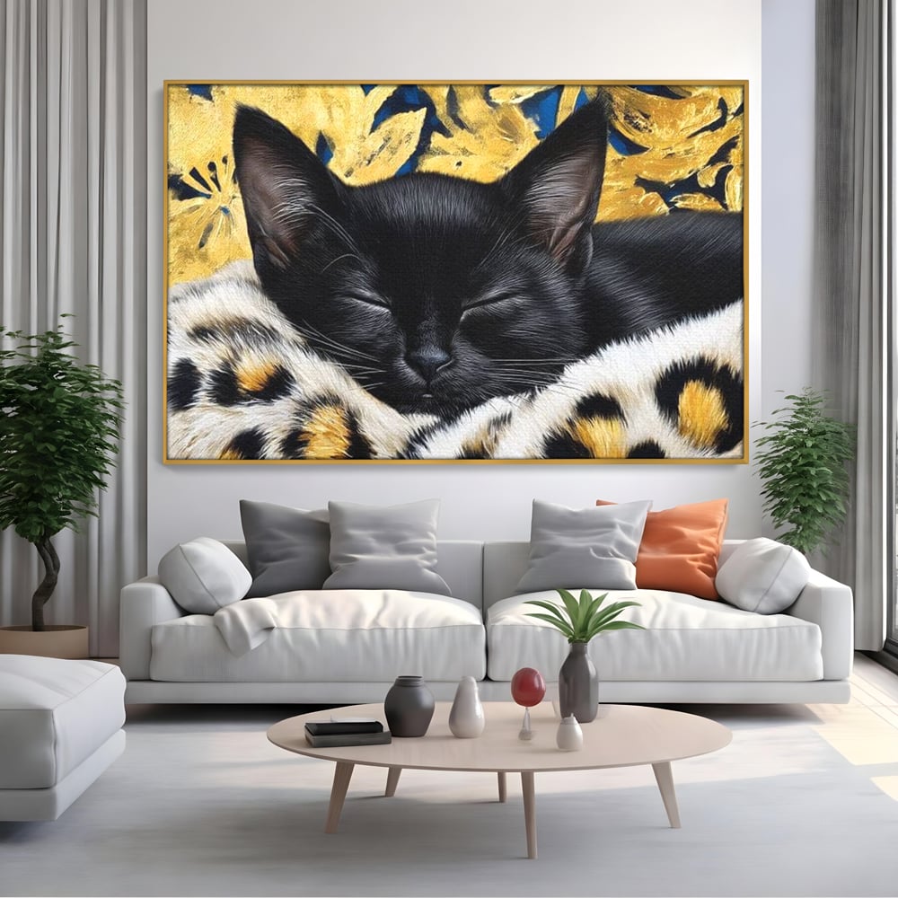Tablou Canvas Premium, LuxCanva® M1199, Somnul Regal, Auriu, Imprimeu, Leopard, Pisica, Negru, Somn, Relaxare, Mustati, Felina, Elegant, Confort, Pufos, Birou, Living, Camera Copil
