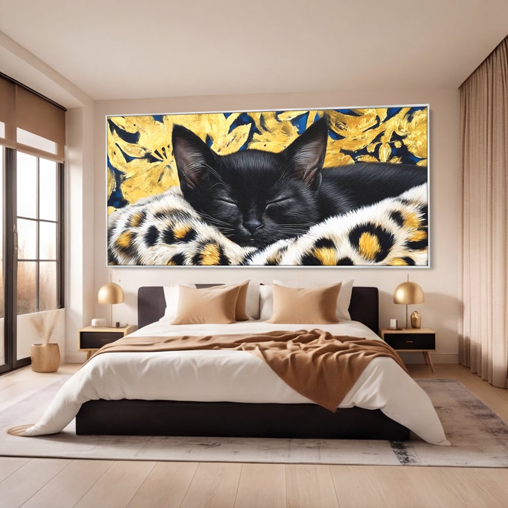 Tablou Canvas Premium, LuxCanva® M1199, Somnul Regal, Auriu, Imprimeu, Leopard, Pisica, Negru, Somn, Relaxare, Mustati, Felina, Elegant, Confort, Pufos, Birou, Living, Camera Copil