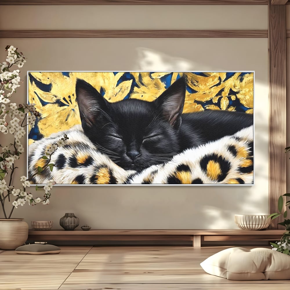 Tablou Canvas Premium, LuxCanva® M1199, Somnul Regal, Auriu, Imprimeu, Leopard, Pisica, Negru, Somn, Relaxare, Mustati, Felina, Elegant, Confort, Pufos, Birou, Living, Camera Copil