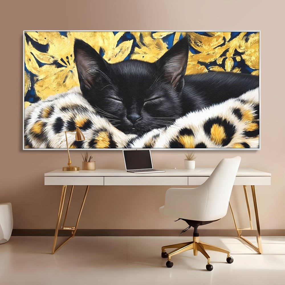 Tablou Canvas Premium, LuxCanva® M1199, Somnul Regal, Auriu, Imprimeu, Leopard, Pisica, Negru, Somn, Relaxare, Mustati, Felina, Elegant, Confort, Pufos, Birou, Living, Camera Copil