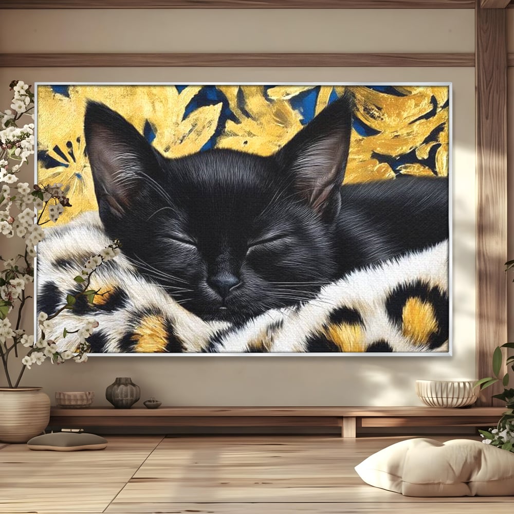 Tablou Canvas Premium, LuxCanva® M1199, Somnul Regal, Auriu, Imprimeu, Leopard, Pisica, Negru, Somn, Relaxare, Mustati, Felina, Elegant, Confort, Pufos, Birou, Living, Camera Copil
