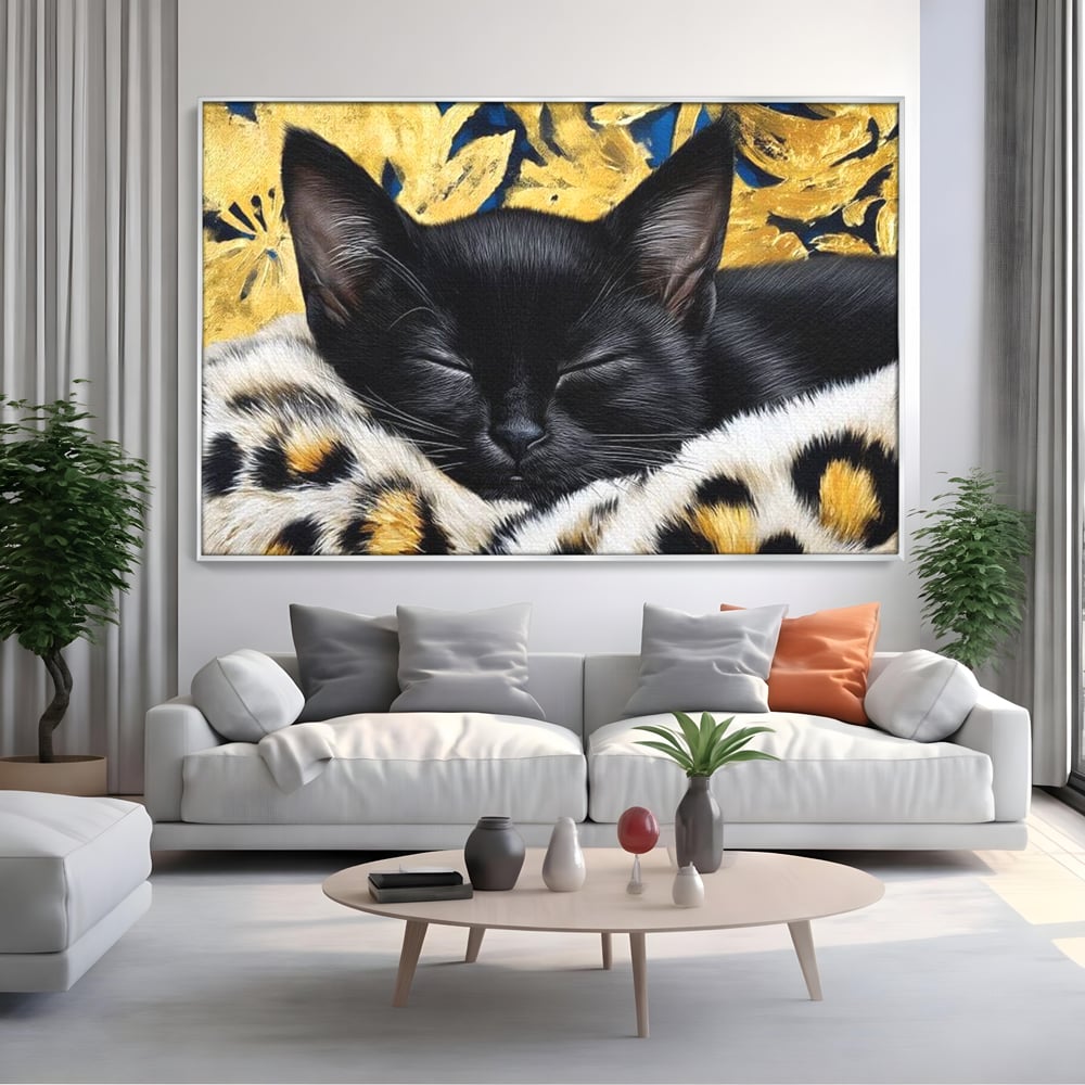 Tablou Canvas Premium, LuxCanva® M1199, Somnul Regal, Auriu, Imprimeu, Leopard, Pisica, Negru, Somn, Relaxare, Mustati, Felina, Elegant, Confort, Pufos, Birou, Living, Camera Copil