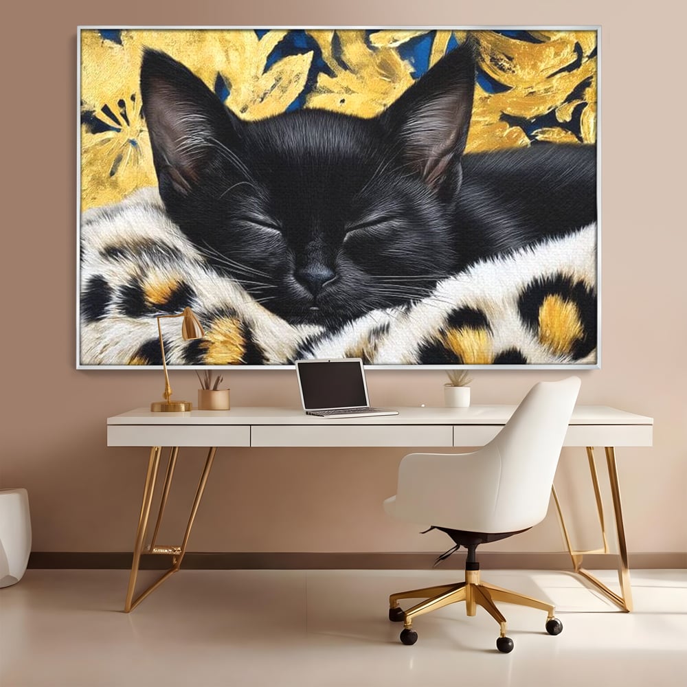 Tablou Canvas Premium, LuxCanva® M1199, Somnul Regal, Auriu, Imprimeu, Leopard, Pisica, Negru, Somn, Relaxare, Mustati, Felina, Elegant, Confort, Pufos, Birou, Living, Camera Copil