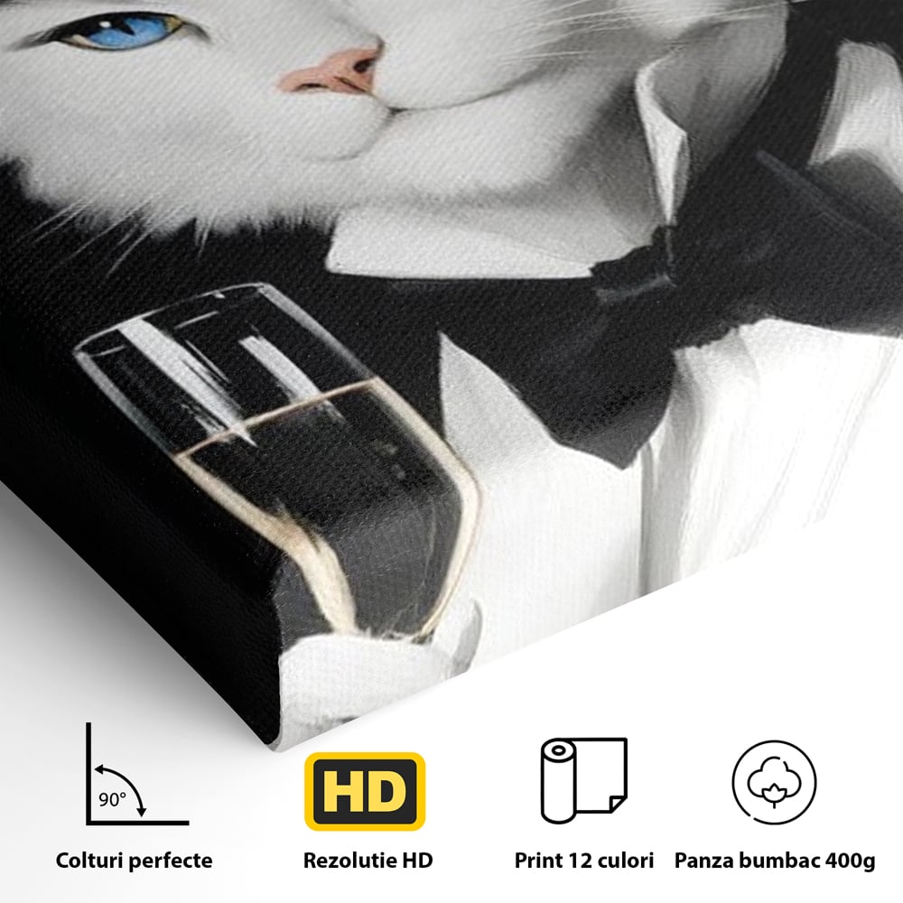 Tablou Canvas Premium, LuxCanva® M1200, Pisica Aristocrata, Sampanie, Pahar, Lux, Felina, Pene, Palarie, Costum, Fashion, Sofisticat, Pisica, Glam, Chic, Birou, Living, Camera Copil