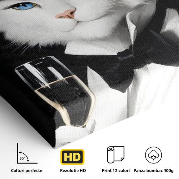 Tablou Canvas Premium, LuxCanva® M1200, Pisica Aristocrata, Sampanie, Pahar, Lux, Felina, Pene, Palarie, Costum, Fashion, Sofisticat, Pisica, Glam, Chic, Birou, Living, Camera Copil