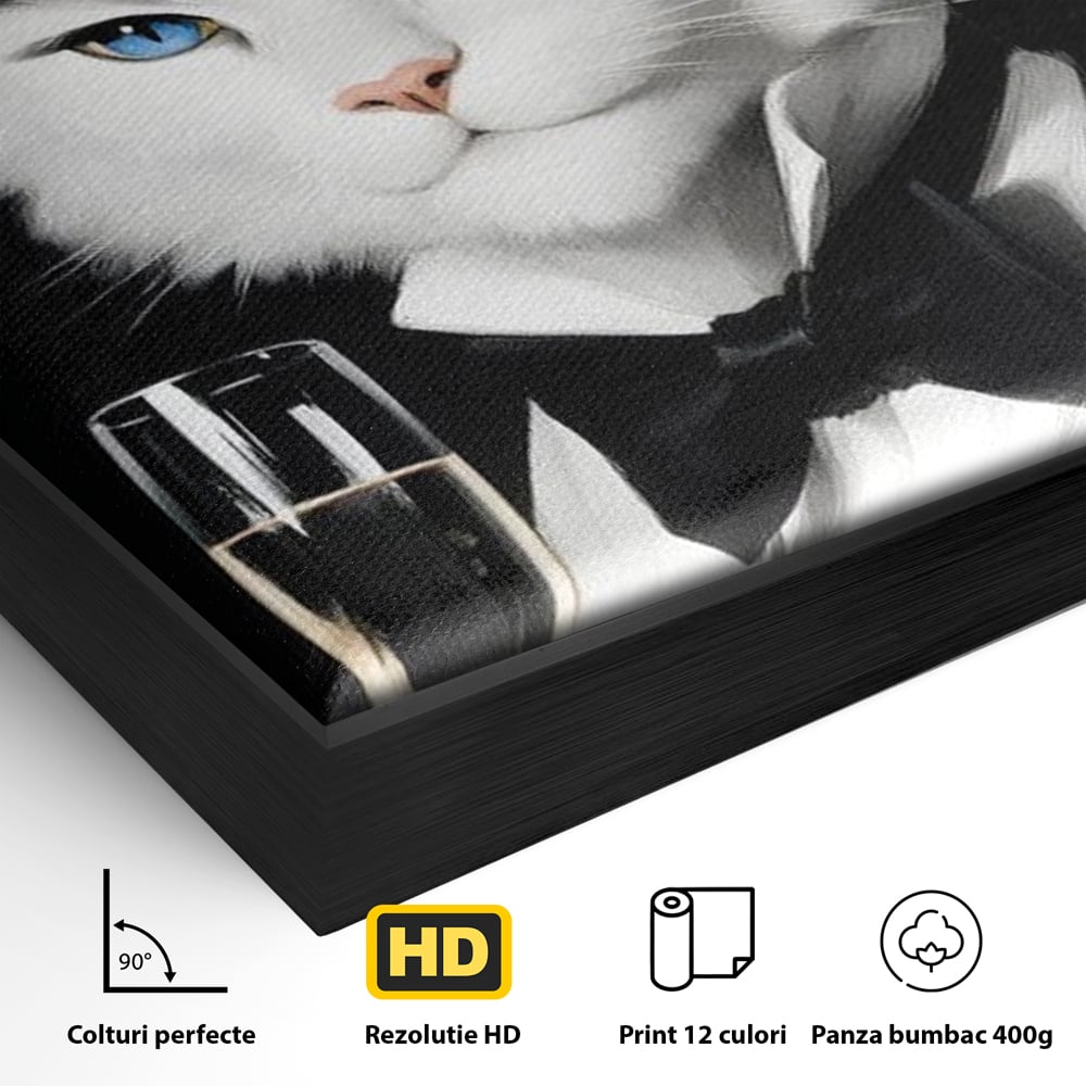 Tablou Canvas Premium, LuxCanva® M1200, Pisica Aristocrata, Sampanie, Pahar, Lux, Felina, Pene, Palarie, Costum, Fashion, Sofisticat, Pisica, Glam, Chic, Birou, Living, Camera Copil