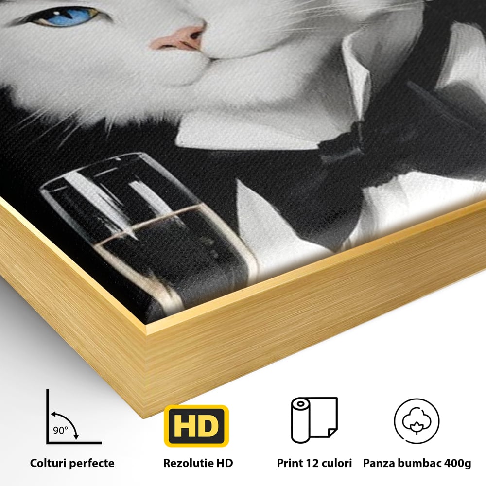 Tablou Canvas Premium, LuxCanva® M1200, Pisica Aristocrata, Sampanie, Pahar, Lux, Felina, Pene, Palarie, Costum, Fashion, Sofisticat, Pisica, Glam, Chic, Birou, Living, Camera Copil