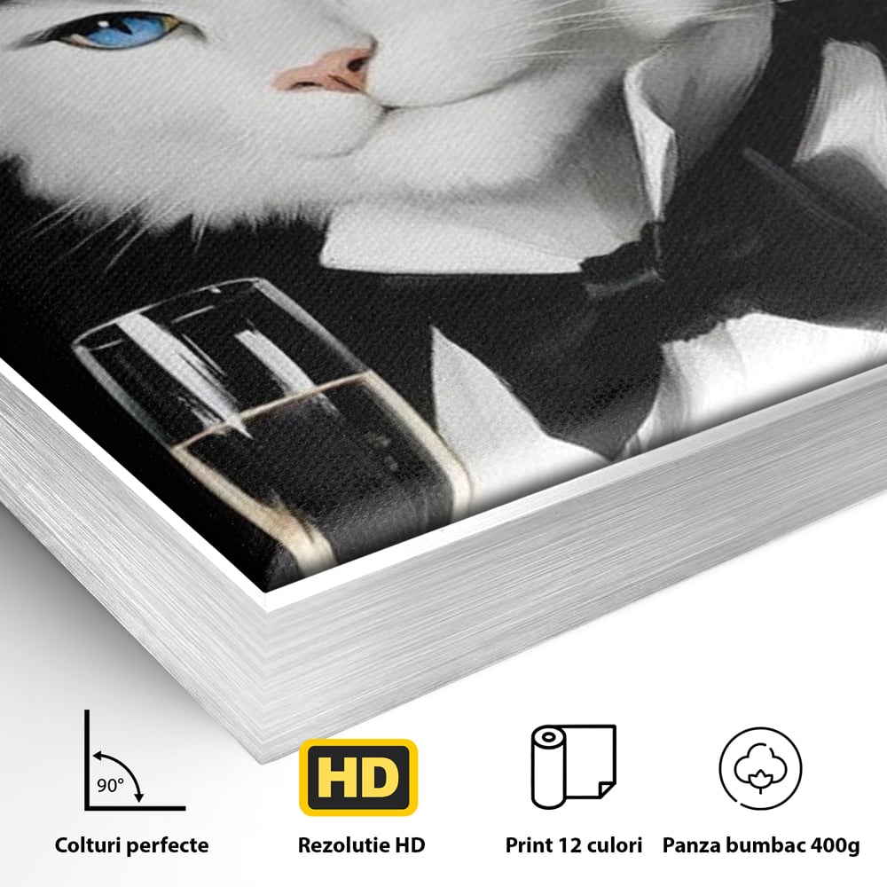 Tablou Canvas Premium, LuxCanva® M1200, Pisica Aristocrata, Sampanie, Pahar, Lux, Felina, Pene, Palarie, Costum, Fashion, Sofisticat, Pisica, Glam, Chic, Birou, Living, Camera Copil