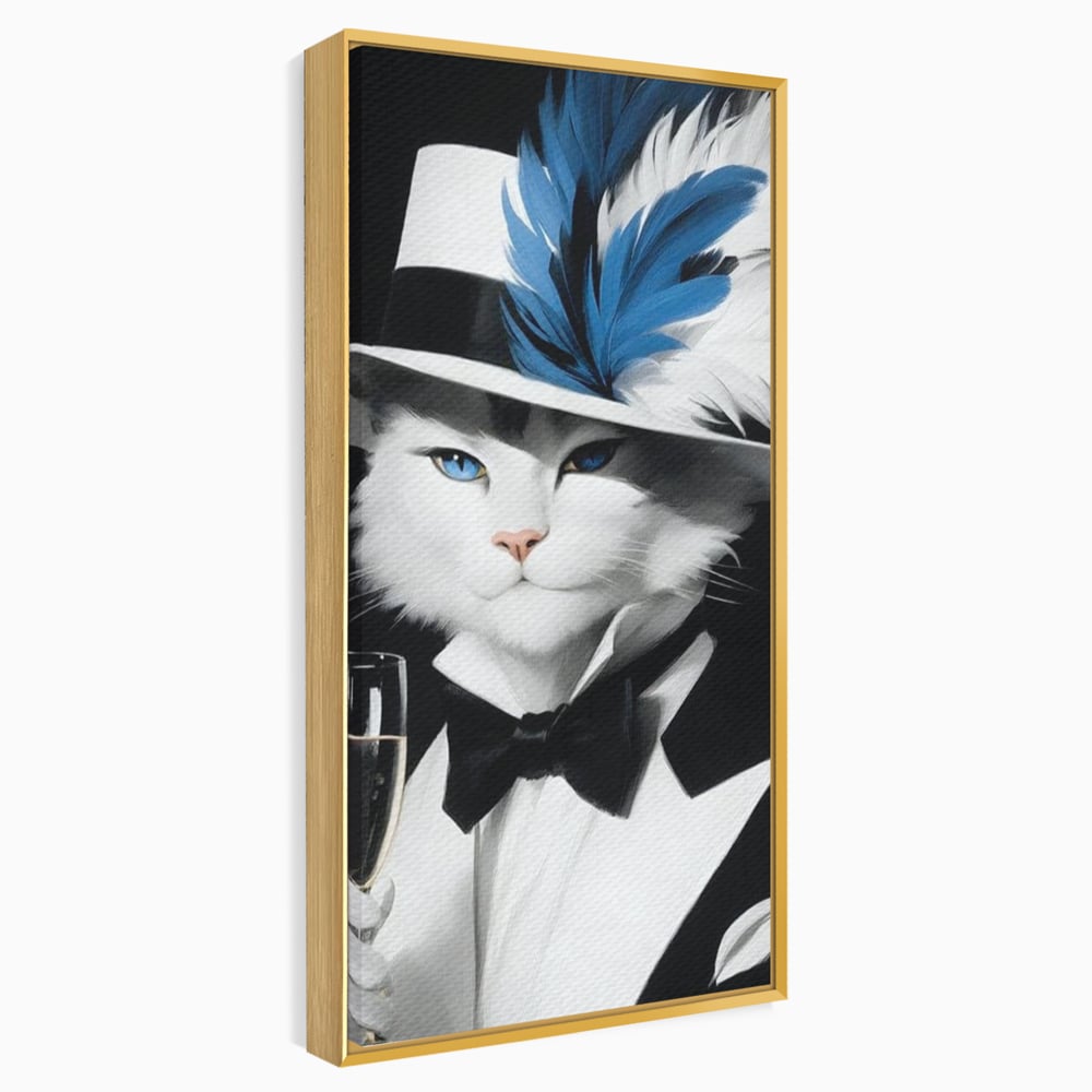 Tablou Canvas Premium, LuxCanva® M1200, Pisica Aristocrata, Sampanie, Pahar, Lux, Felina, Pene, Palarie, Costum, Fashion, Sofisticat, Pisica, Glam, Chic, Birou, Living, Camera Copil