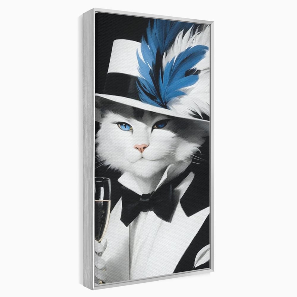 Tablou Canvas Premium, LuxCanva® M1200, Pisica Aristocrata, Sampanie, Pahar, Lux, Felina, Pene, Palarie, Costum, Fashion, Sofisticat, Pisica, Glam, Chic, Birou, Living, Camera Copil
