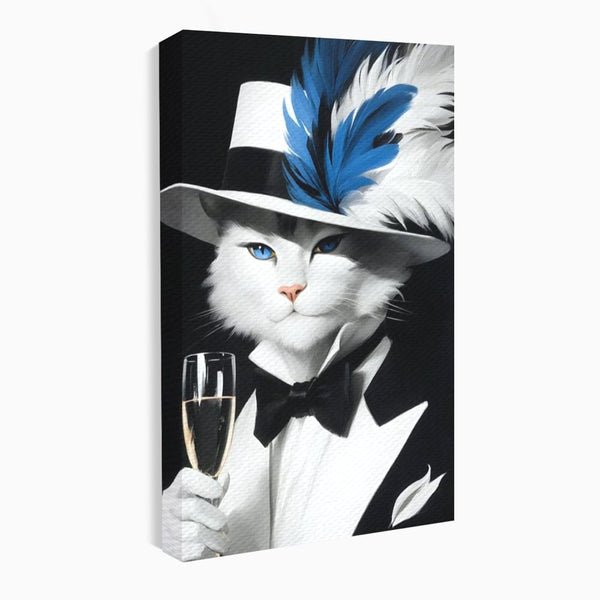 Tablou Canvas Premium, LuxCanva® M1200, Pisica Aristocrata, Sampanie, Pahar, Lux, Felina, Pene, Palarie, Costum, Fashion, Sofisticat, Pisica, Glam, Chic, Birou, Living, Camera Copil
