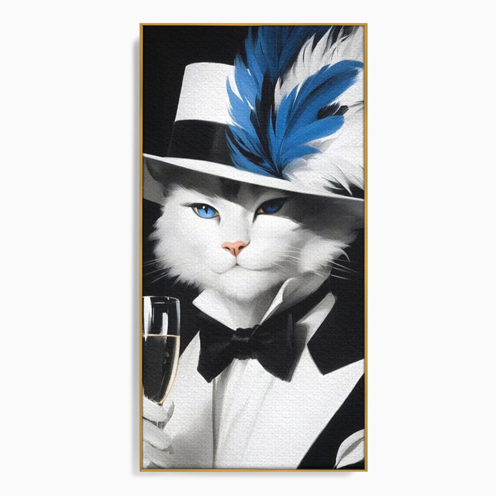 Tablou Canvas Premium, LuxCanva® M1200, Pisica Aristocrata, Sampanie, Pahar, Lux, Felina, Pene, Palarie, Costum, Fashion, Sofisticat, Pisica, Glam, Chic, Birou, Living, Camera Copil