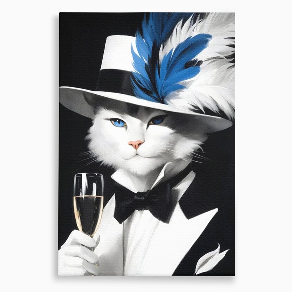 Tablou Canvas Premium, LuxCanva® M1200, Pisica Aristocrata, Sampanie, Pahar, Lux, Felina, Pene, Palarie, Costum, Fashion, Sofisticat, Pisica, Glam, Chic, Birou, Living, Camera Copil
