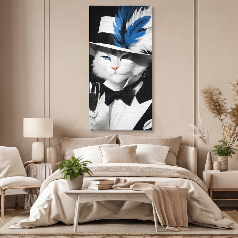 Tablou Canvas Premium, LuxCanva® M1200, Pisica Aristocrata, Sampanie, Pahar, Lux, Felina, Pene, Palarie, Costum, Fashion, Sofisticat, Pisica, Glam, Chic, Birou, Living, Camera Copil