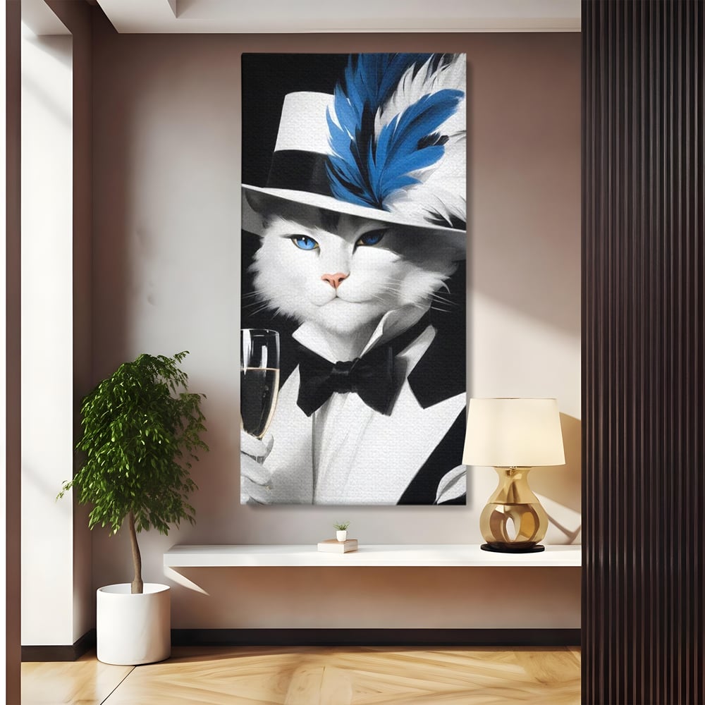 Tablou Canvas Premium, LuxCanva® M1200, Pisica Aristocrata, Sampanie, Pahar, Lux, Felina, Pene, Palarie, Costum, Fashion, Sofisticat, Pisica, Glam, Chic, Birou, Living, Camera Copil