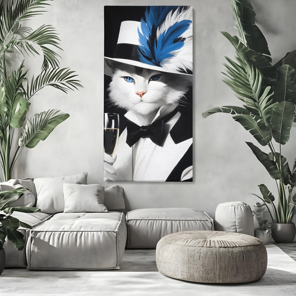 Tablou Canvas Premium, LuxCanva® M1200, Pisica Aristocrata, Sampanie, Pahar, Lux, Felina, Pene, Palarie, Costum, Fashion, Sofisticat, Pisica, Glam, Chic, Birou, Living, Camera Copil