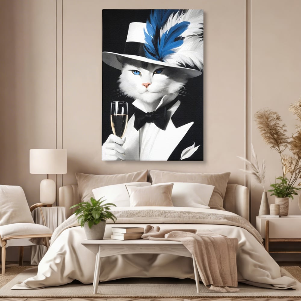 Tablou Canvas Premium, LuxCanva® M1200, Pisica Aristocrata, Sampanie, Pahar, Lux, Felina, Pene, Palarie, Costum, Fashion, Sofisticat, Pisica, Glam, Chic, Birou, Living, Camera Copil