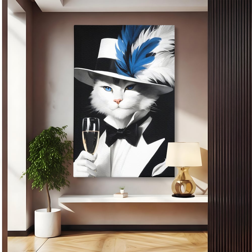 Tablou Canvas Premium, LuxCanva® M1200, Pisica Aristocrata, Sampanie, Pahar, Lux, Felina, Pene, Palarie, Costum, Fashion, Sofisticat, Pisica, Glam, Chic, Birou, Living, Camera Copil
