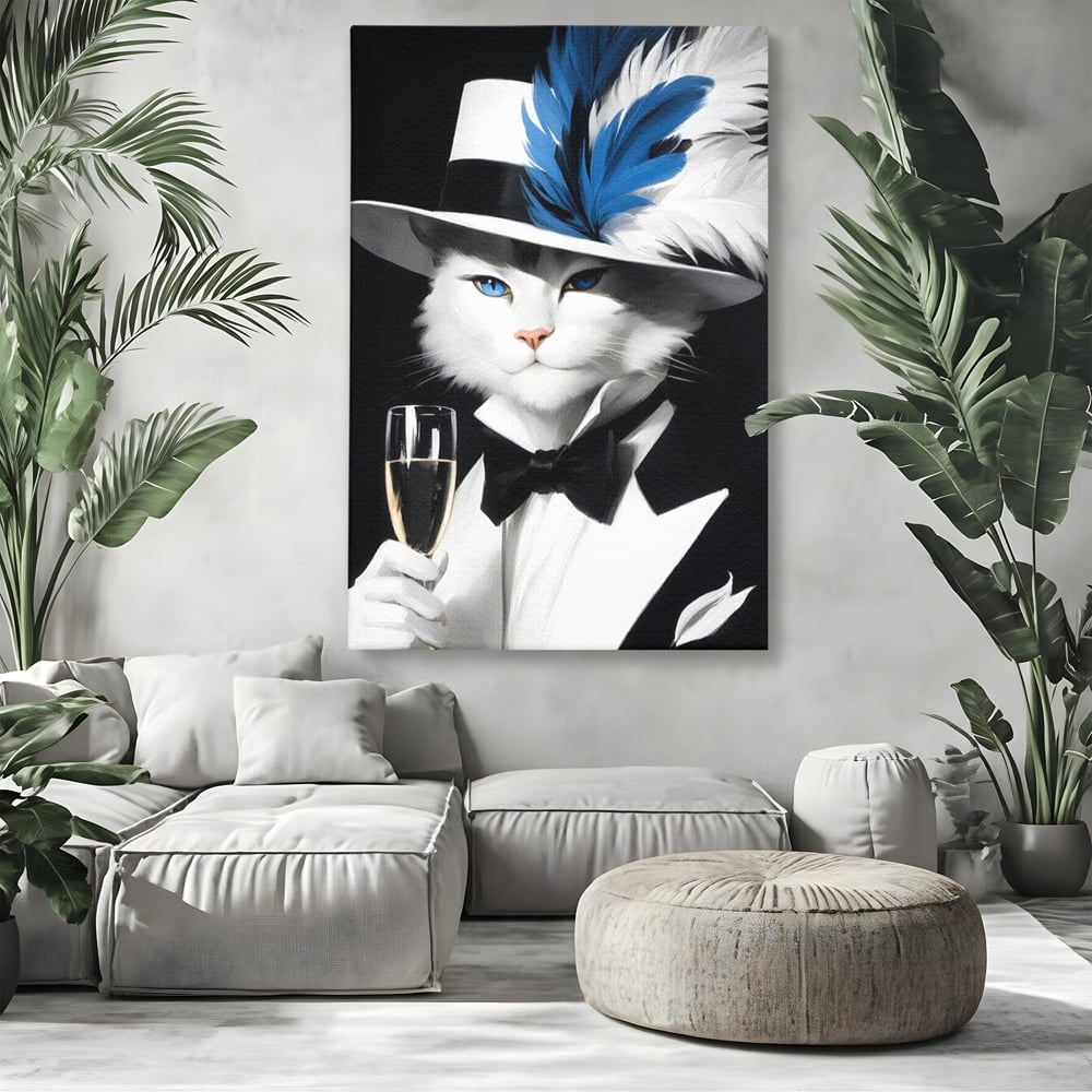 Tablou Canvas Premium, LuxCanva® M1200, Pisica Aristocrata, Sampanie, Pahar, Lux, Felina, Pene, Palarie, Costum, Fashion, Sofisticat, Pisica, Glam, Chic, Birou, Living, Camera Copil