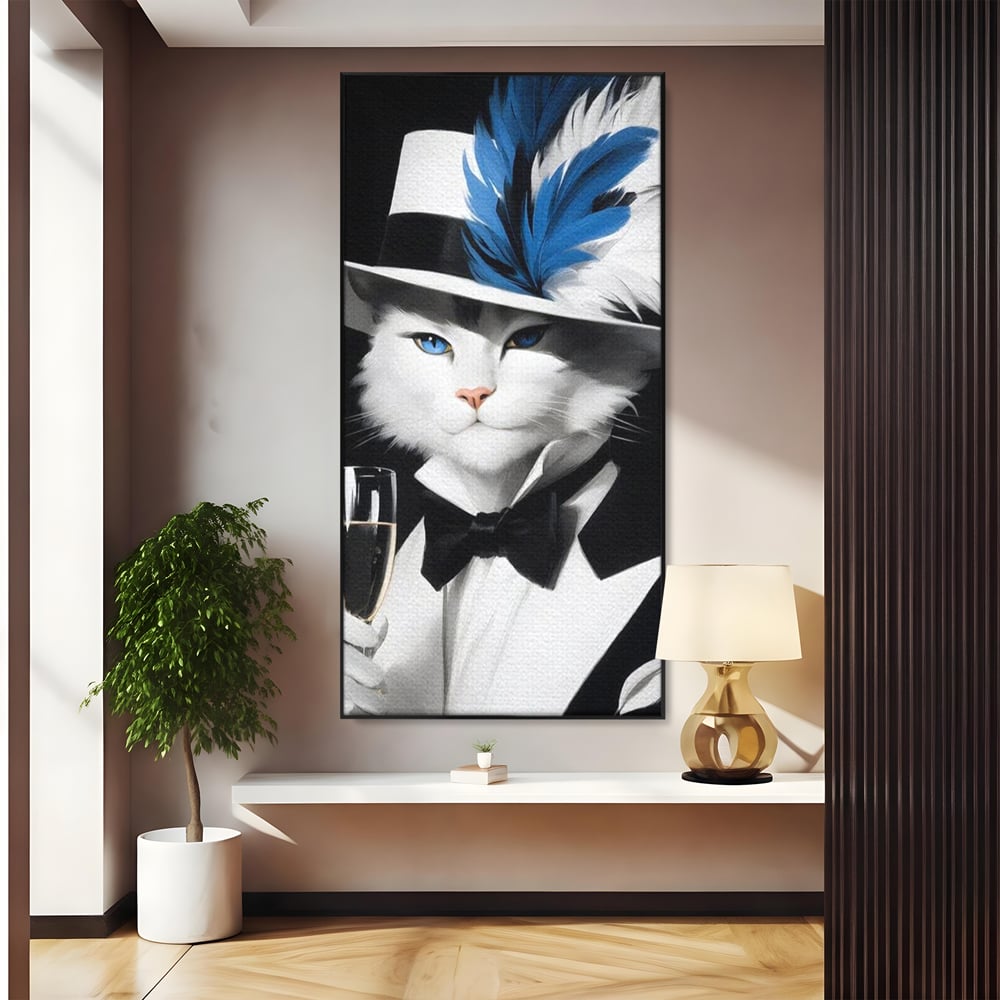 Tablou Canvas Premium, LuxCanva® M1200, Pisica Aristocrata, Sampanie, Pahar, Lux, Felina, Pene, Palarie, Costum, Fashion, Sofisticat, Pisica, Glam, Chic, Birou, Living, Camera Copil