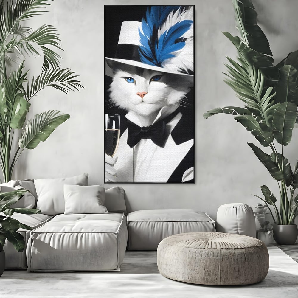 Tablou Canvas Premium, LuxCanva® M1200, Pisica Aristocrata, Sampanie, Pahar, Lux, Felina, Pene, Palarie, Costum, Fashion, Sofisticat, Pisica, Glam, Chic, Birou, Living, Camera Copil