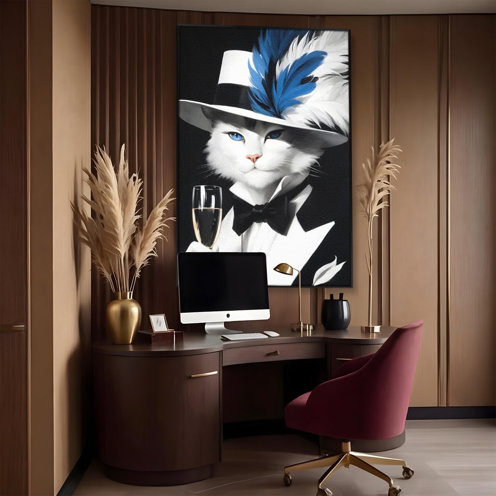 Tablou Canvas Premium, LuxCanva® M1200, Pisica Aristocrata, Sampanie, Pahar, Lux, Felina, Pene, Palarie, Costum, Fashion, Sofisticat, Pisica, Glam, Chic, Birou, Living, Camera Copil