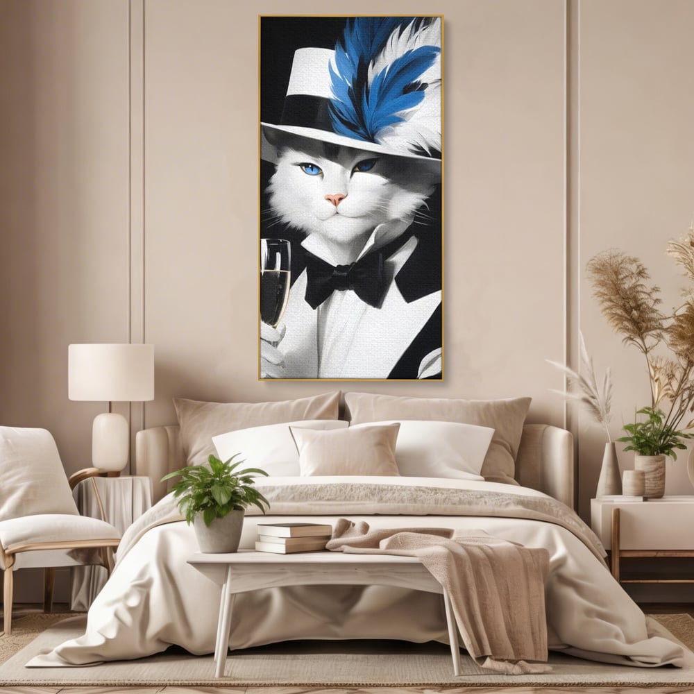 Tablou Canvas Premium, LuxCanva® M1200, Pisica Aristocrata, Sampanie, Pahar, Lux, Felina, Pene, Palarie, Costum, Fashion, Sofisticat, Pisica, Glam, Chic, Birou, Living, Camera Copil