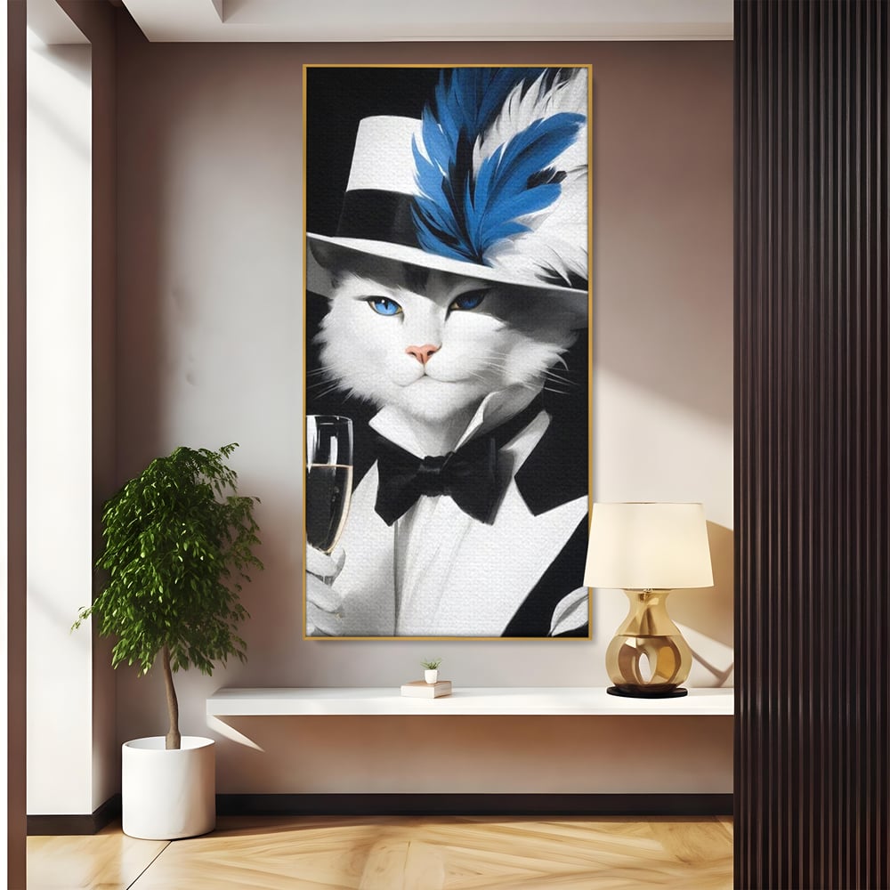 Tablou Canvas Premium, LuxCanva® M1200, Pisica Aristocrata, Sampanie, Pahar, Lux, Felina, Pene, Palarie, Costum, Fashion, Sofisticat, Pisica, Glam, Chic, Birou, Living, Camera Copil