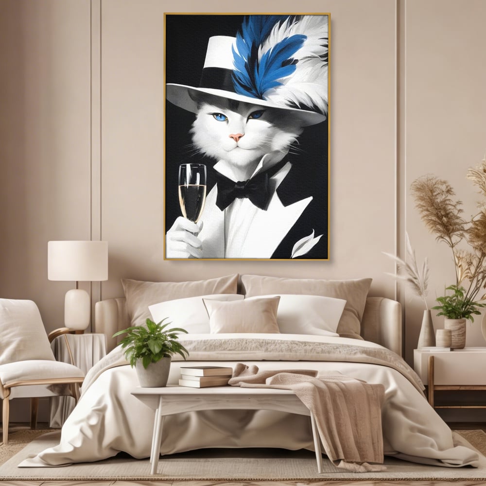 Tablou Canvas Premium, LuxCanva® M1200, Pisica Aristocrata, Sampanie, Pahar, Lux, Felina, Pene, Palarie, Costum, Fashion, Sofisticat, Pisica, Glam, Chic, Birou, Living, Camera Copil