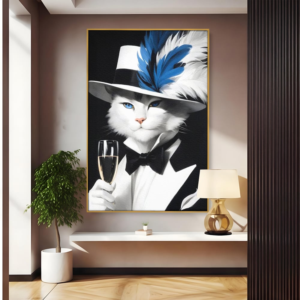 Tablou Canvas Premium, LuxCanva® M1200, Pisica Aristocrata, Sampanie, Pahar, Lux, Felina, Pene, Palarie, Costum, Fashion, Sofisticat, Pisica, Glam, Chic, Birou, Living, Camera Copil