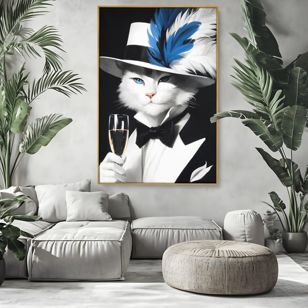 Tablou Canvas Premium, LuxCanva® M1200, Pisica Aristocrata, Sampanie, Pahar, Lux, Felina, Pene, Palarie, Costum, Fashion, Sofisticat, Pisica, Glam, Chic, Birou, Living, Camera Copil