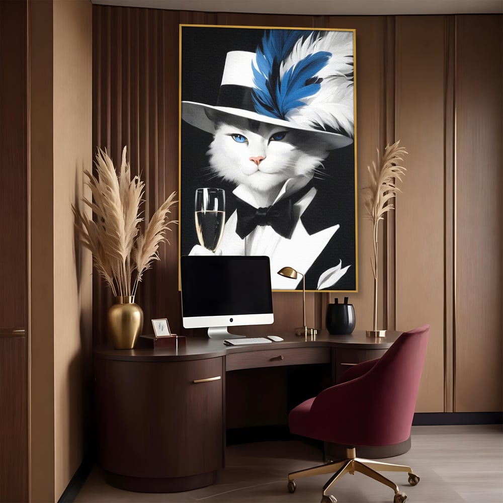 Tablou Canvas Premium, LuxCanva® M1200, Pisica Aristocrata, Sampanie, Pahar, Lux, Felina, Pene, Palarie, Costum, Fashion, Sofisticat, Pisica, Glam, Chic, Birou, Living, Camera Copil