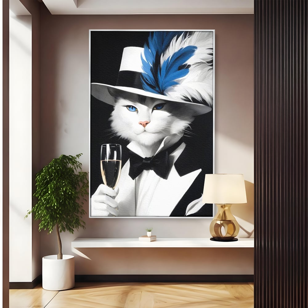 Tablou Canvas Premium, LuxCanva® M1200, Pisica Aristocrata, Sampanie, Pahar, Lux, Felina, Pene, Palarie, Costum, Fashion, Sofisticat, Pisica, Glam, Chic, Birou, Living, Camera Copil