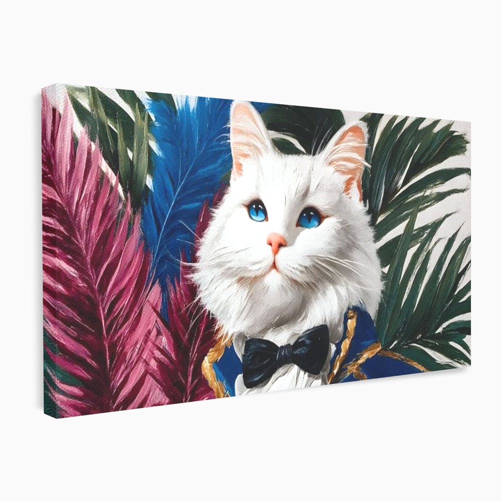 Tablou Canvas Premium, LuxCanva® M1201, Majestatea Pufului, Pisica, Papion, Elegant, Costum, Felina, Frunze, Nobil, Planta, Fashion, Imperial, Baron, Birou, Living, Camera Copil