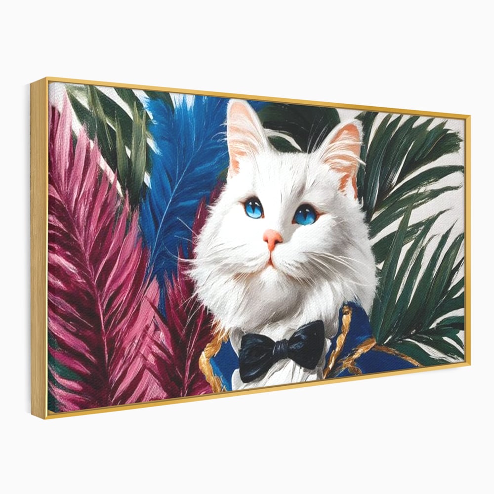 Tablou Canvas Premium, LuxCanva® M1201, Majestatea Pufului, Pisica, Papion, Elegant, Costum, Felina, Frunze, Nobil, Planta, Fashion, Imperial, Baron, Birou, Living, Camera Copil